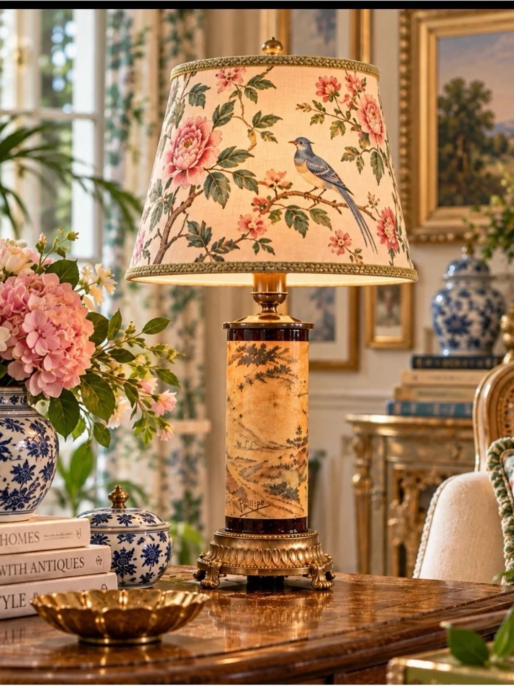 Title: Vintage Phillipe Pastoral Scene Cylinder Table Lamp Gold Tone
